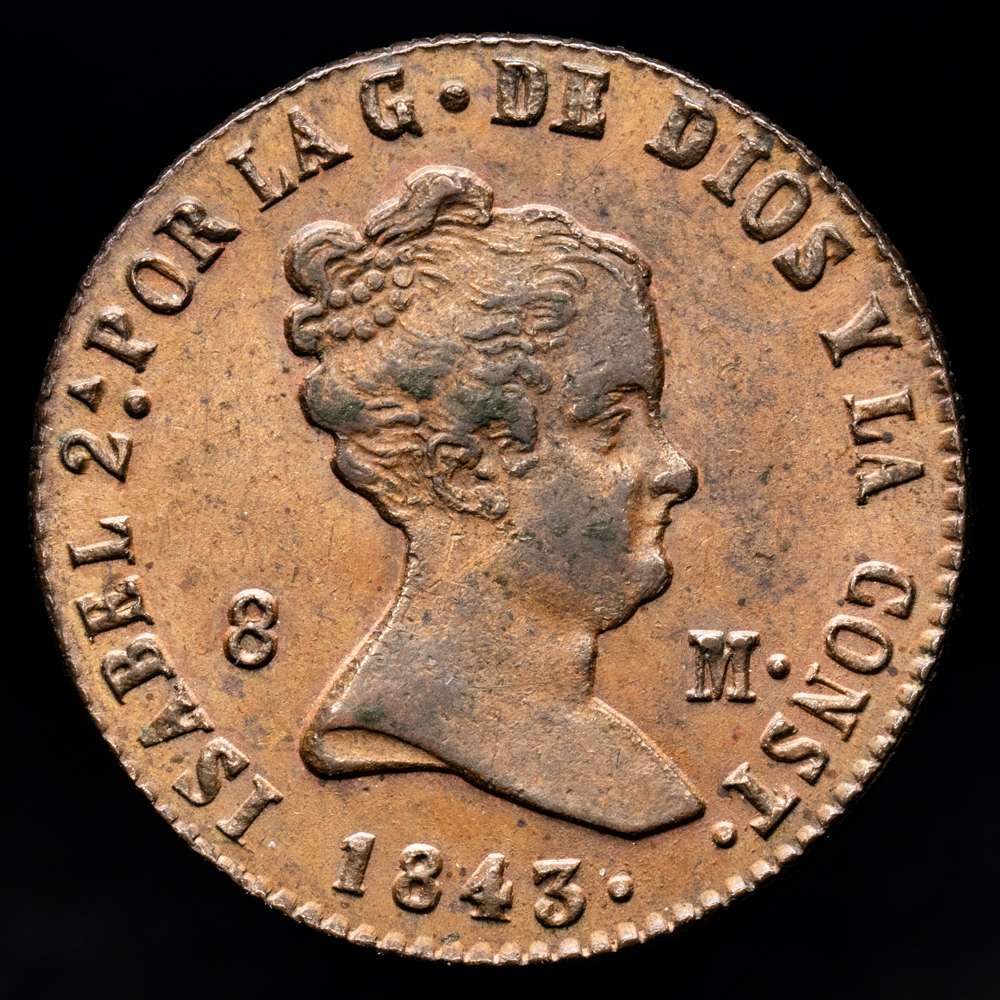 Isabel II (1833-1868). 8 maravedís. 1843. Segovia. (Cal-130). Ae. 10,01 gramos. Bonito ejemplar. EBC.