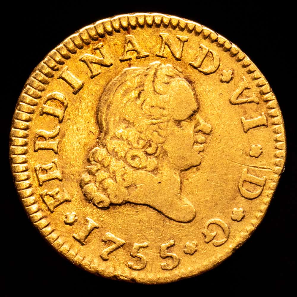 Fernando VI (1746-1759). 1/2 escudo. 1755. Madrid. JB. (Cal-558). Au. 1,73 gramos. Tercer busto. ( MBC-).