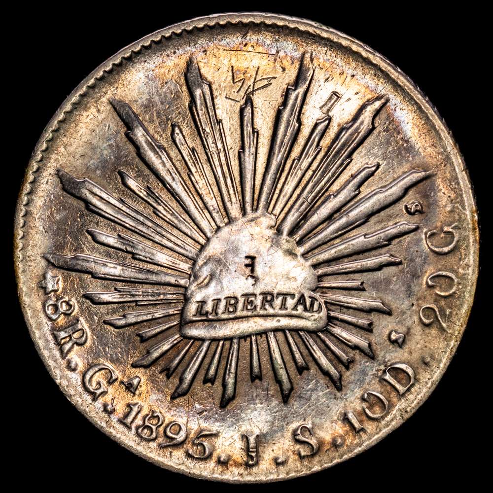 México. 8 reales. 1895. Guadalajara. JS. (Km-377,6). Ag. 26,87 gramos. Resellos chinos. MBC+.