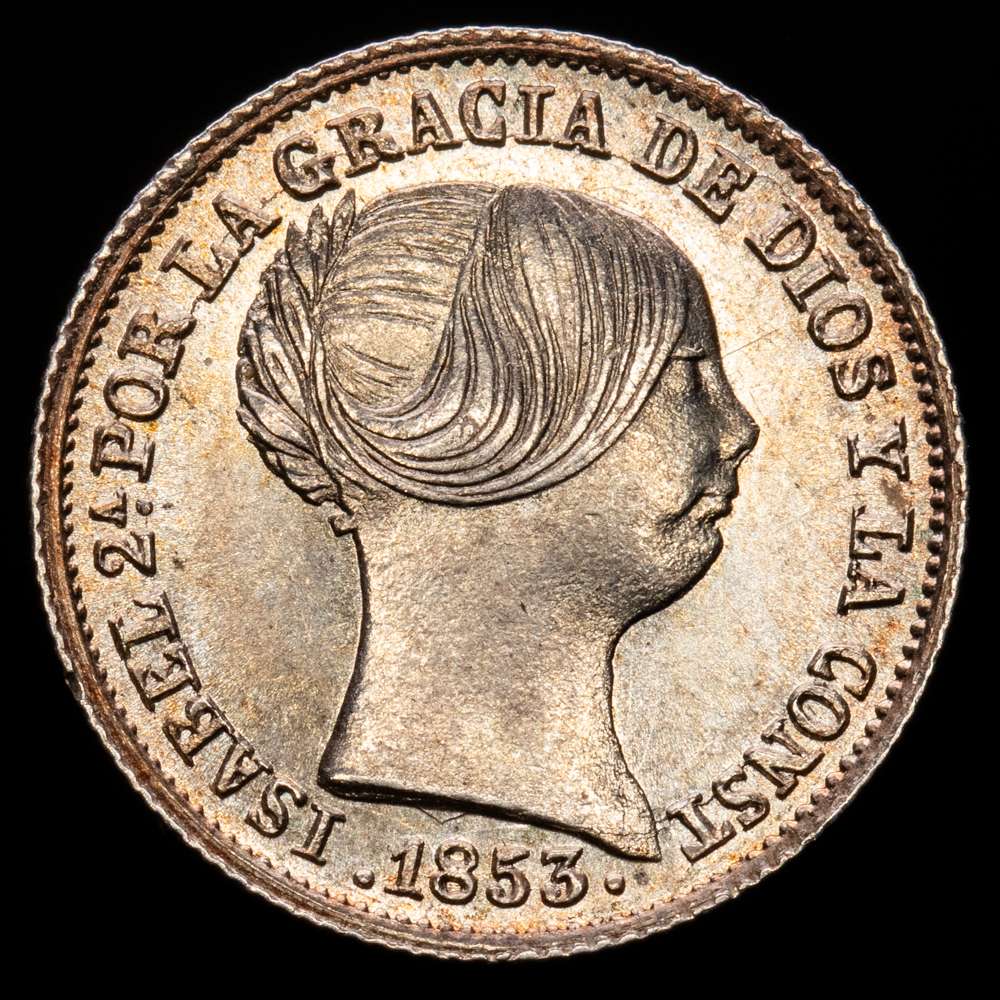 Isabel II (1833-1868). 1 real. 1853. Barcelona. (Cal-276). Ag. 1,29 gramos. Pleno brillo original. Magnífico ejemplar. SC-.