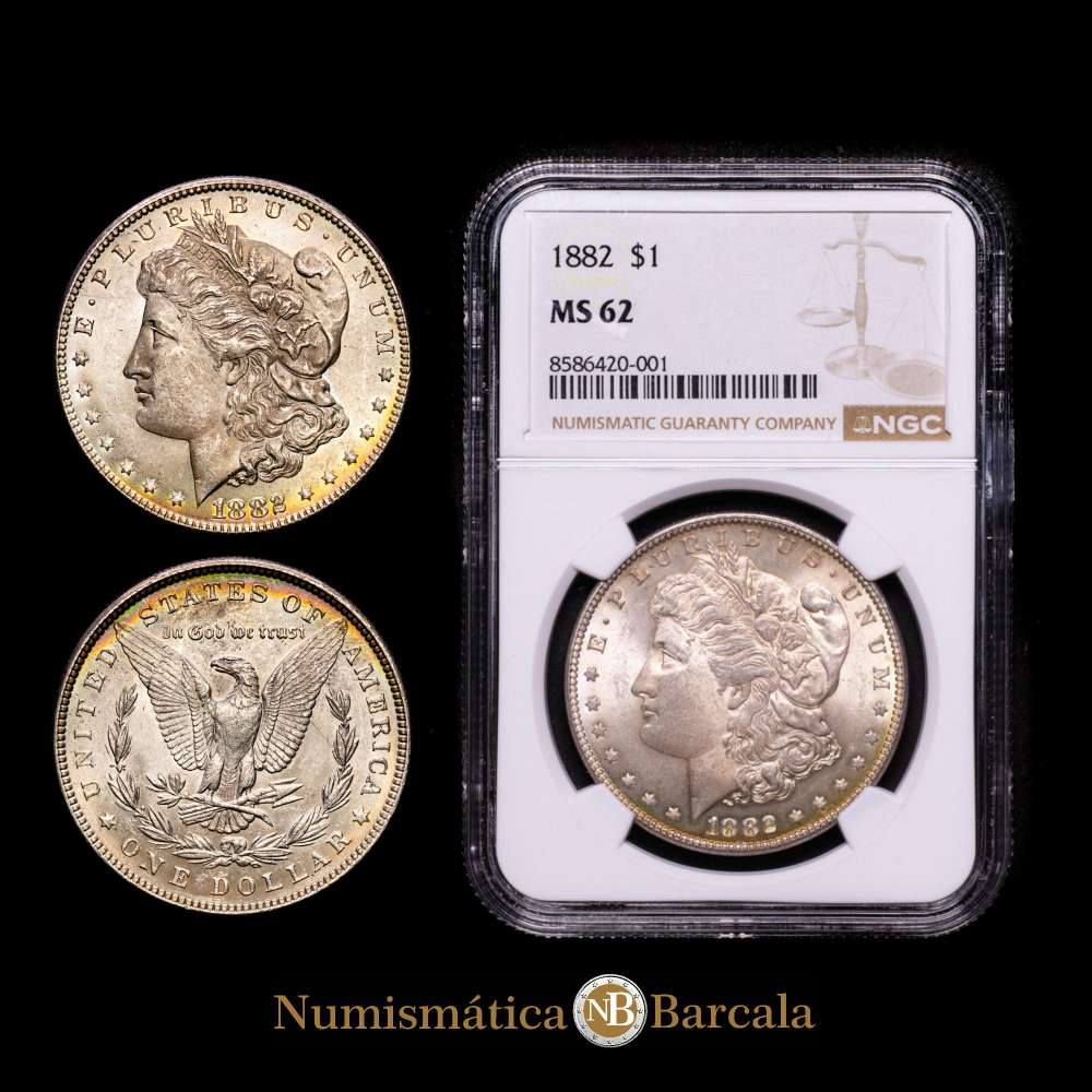 Estados Unidos. 1882 1 Dólar “Morgan Dollar” Plata (.900) Casa de la Moneda de Filadelfia. KM.110. (11100000) 26.73g. Encapsulado por NGC como MS 62.