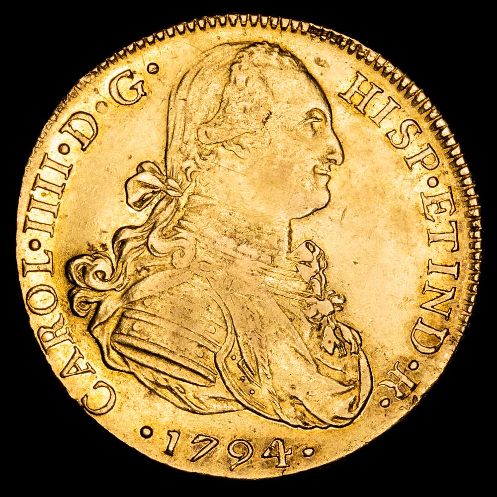 Carlos IV. 8 Escudos. (26,93 g.). Lima. 1794. Ensayador I·J. AC-1593. EBC-/EBC. Gran parte de brillo original, bello color.