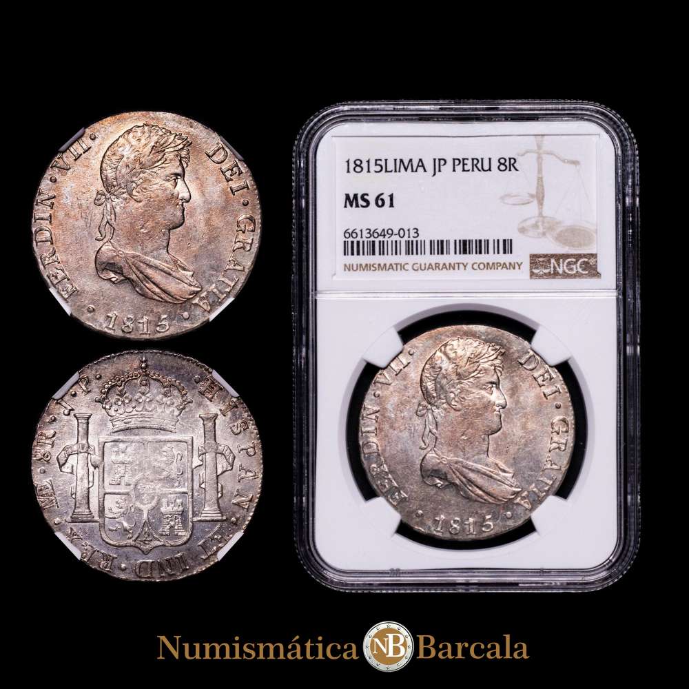 Fernando VII (1808-1833). 8 Reales. Lima. 1815. J·P.  (Cal-1248), todo su brillo original. Tono algo dorado.  Encapsulada por NGC como MS61.
