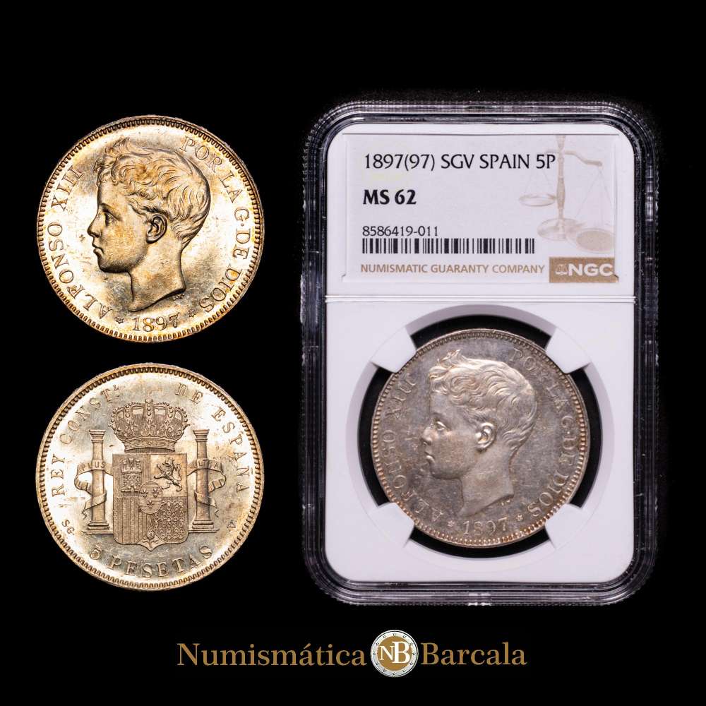 Alfonso XIII (1886-1931). 5 pesetas. 1897*18-97. Madrid. SGV. (Cal-107). Ag. 24,99 gramos. Marquitas. Brillo original con una suave pátina dorada. Encapsulada por NGC como MS 62.