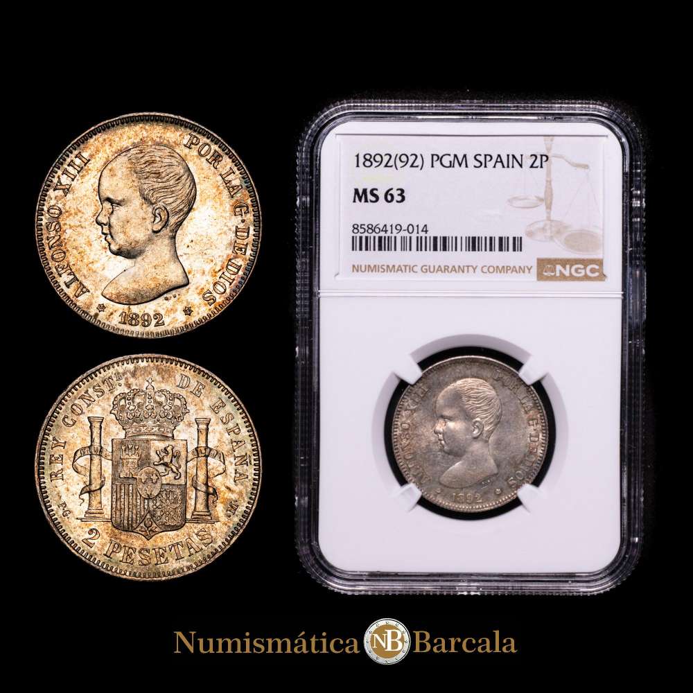 Centenario de la Peseta (1868-1931). Alfonso XIII (1886-1931). 2 pesetas. 1892*18-92. Madrid. PGM. (Cal-85). Ag. Suave tono. Brillo original. Encapsulada por NGC como MS 63.