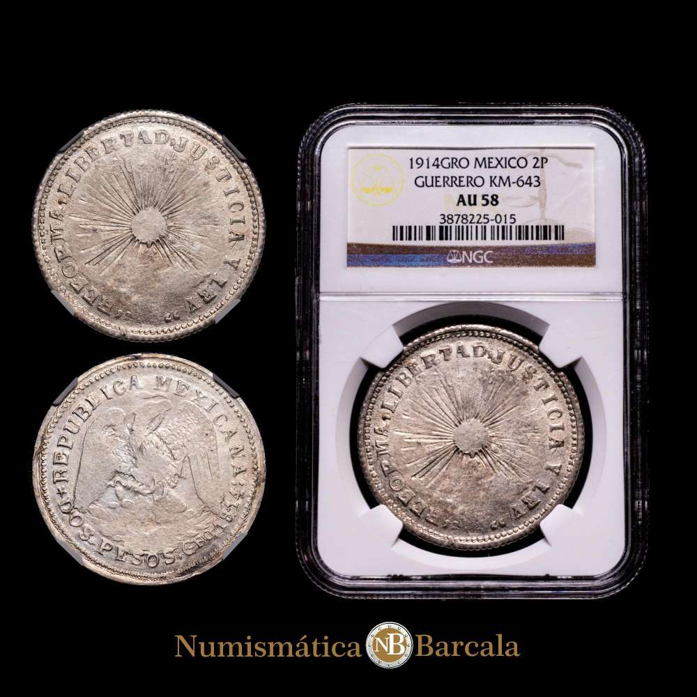 Revolución MÉXICO. Guerrero. 2 Pesos. GRO. KM-643. Emitida bajo el mandato de Emiliano Zapata. Fechada en 1914. Encapsulada por NGC como AU58.