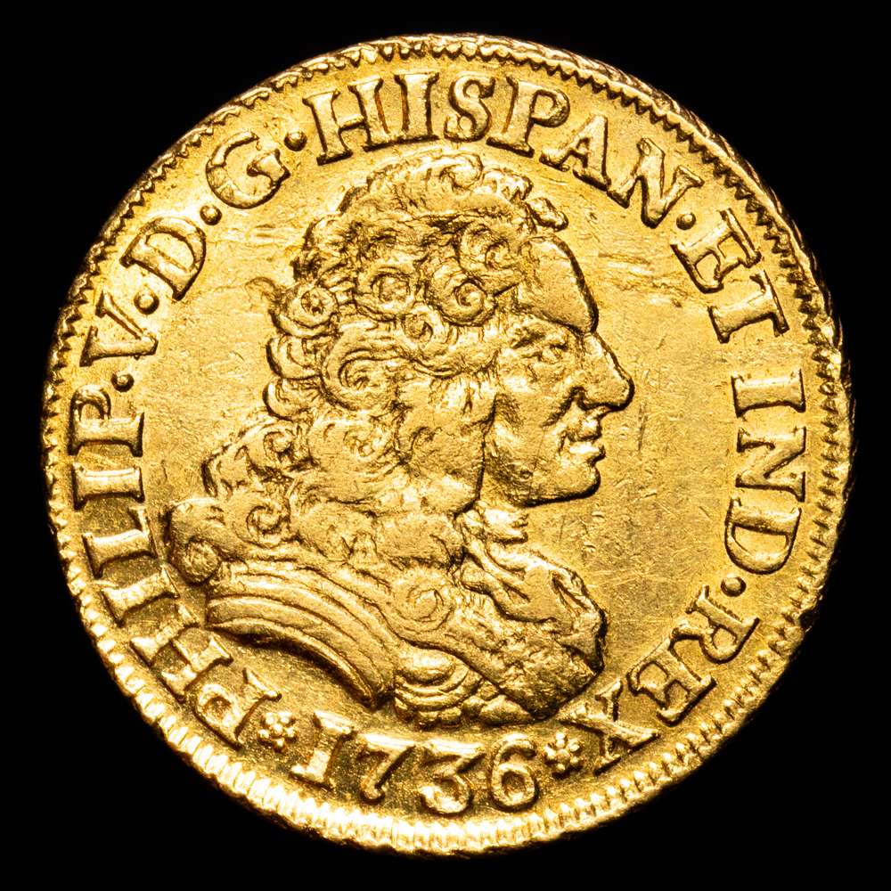 Felipe V. 2 Escudos. (6,74 g.). Sevilla. 1736. A·P. AC-427. MBC+. Muy rara. Mínimas hojitas
