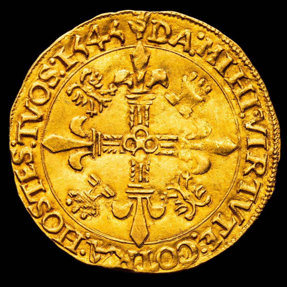 Carlos I (1516-1556). Corona del sol. 1545. Amberes. (Tauler-143). (Vti-618). (Vanhoudt-223). Au. 3,39 g. Escasa. MBC+.