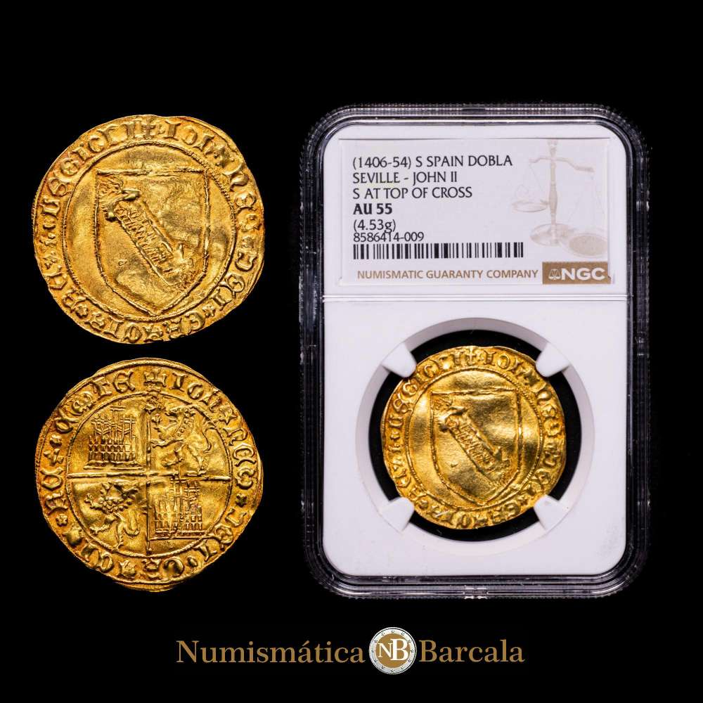 Reino de Castilla y León. Juan II (1406-1454). Dobla de la Banda. Sevilla. (Bautista-791). Au. 4,53 g. S en la parte superior del eje vertical. Encapsulada por NGC como AU 55. Bello color.