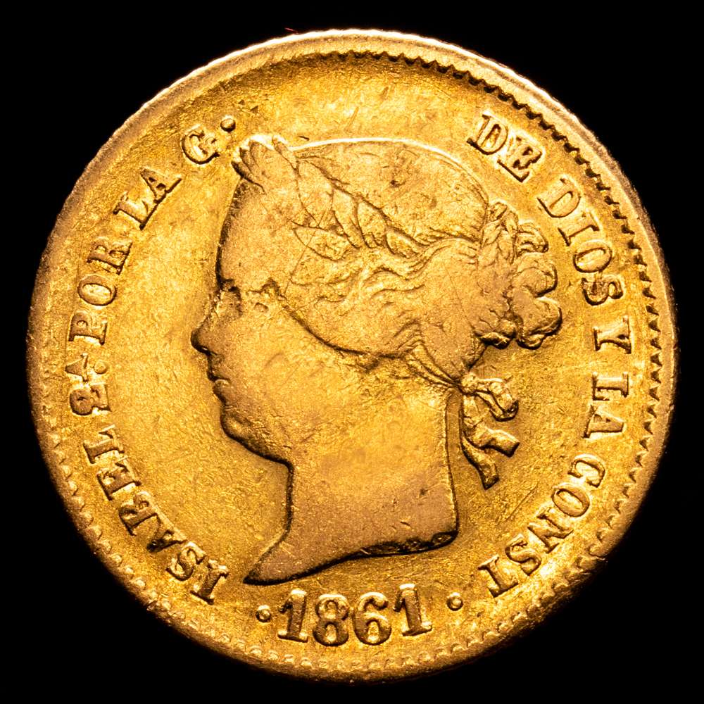 Isabel II (1833-1868). 2 pesos. 1861. Manila. (Cal-836). Au. 3,34 g. Escasa. MBC.