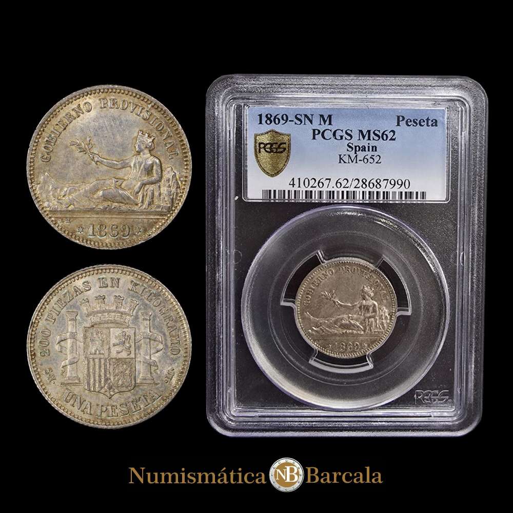 Gobierno Provisional (1868-1871). 1 peseta. 1869. Madrid. SNM. (Cal-16). Ag. Leyenda GOBIERNO PROVISIONAL. Rara en esta conservación. Encapsulada por PCGS como MS 62.