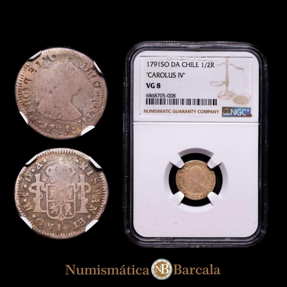 CHILE. 1/2 Real, 1791-So DA. Ceca de Santiago. Carlos IV. (AC.331). Encapsulada por NGC como VG-8. KM-35. Variedad con leyenda “CAROLUS IV”.