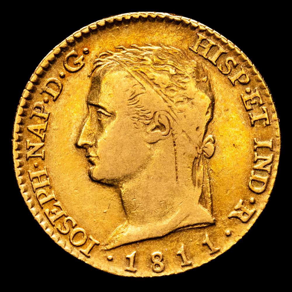 José Napoleón. 1811 Madrid. AI. 80 reales. (AC. 49). Busto diademado. Bonita pátina. Rara. 6,72 g. VF+.