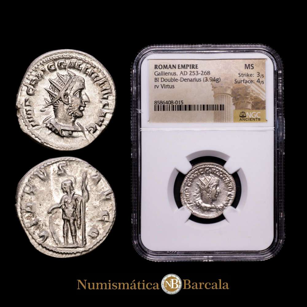 Galieno. Antoniniano.  Roma. 253-268 d.C.. (Plata, 3,94 g). MIR 38t. RIC 181. Bello ejemplar con un retrato excepcionalmente fino. Encapsulada por NGC como MS Strike 3/5 Surface 4/5.