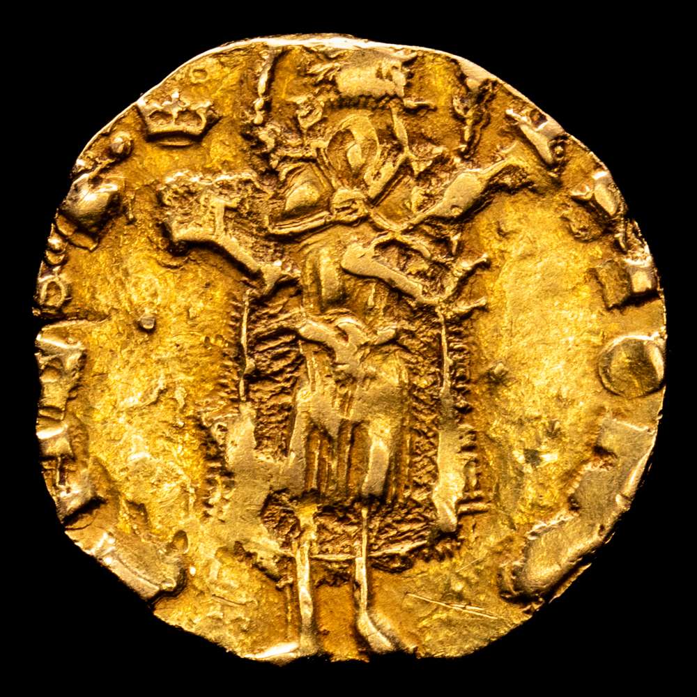 Juan I (1387-1396). Valencia. Medio florín. (Cru.VS 472) (Cru.CG 2297). Anverso: SIOH-NNESB. Reverso: RG-O REX IO. 1,72 g. VF. Escaso.