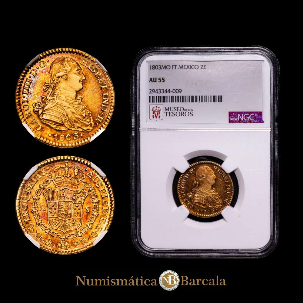 MÉXICO. 2 Escudos, 1803-Mo FT. Casa de la Moneda de la Ciudad de México. Carlos IV. (6,75 g.). Cal-Type 144-1338. Expectacular y atractiva pátina rojiza. Encapsulada por NGC como AU 55.