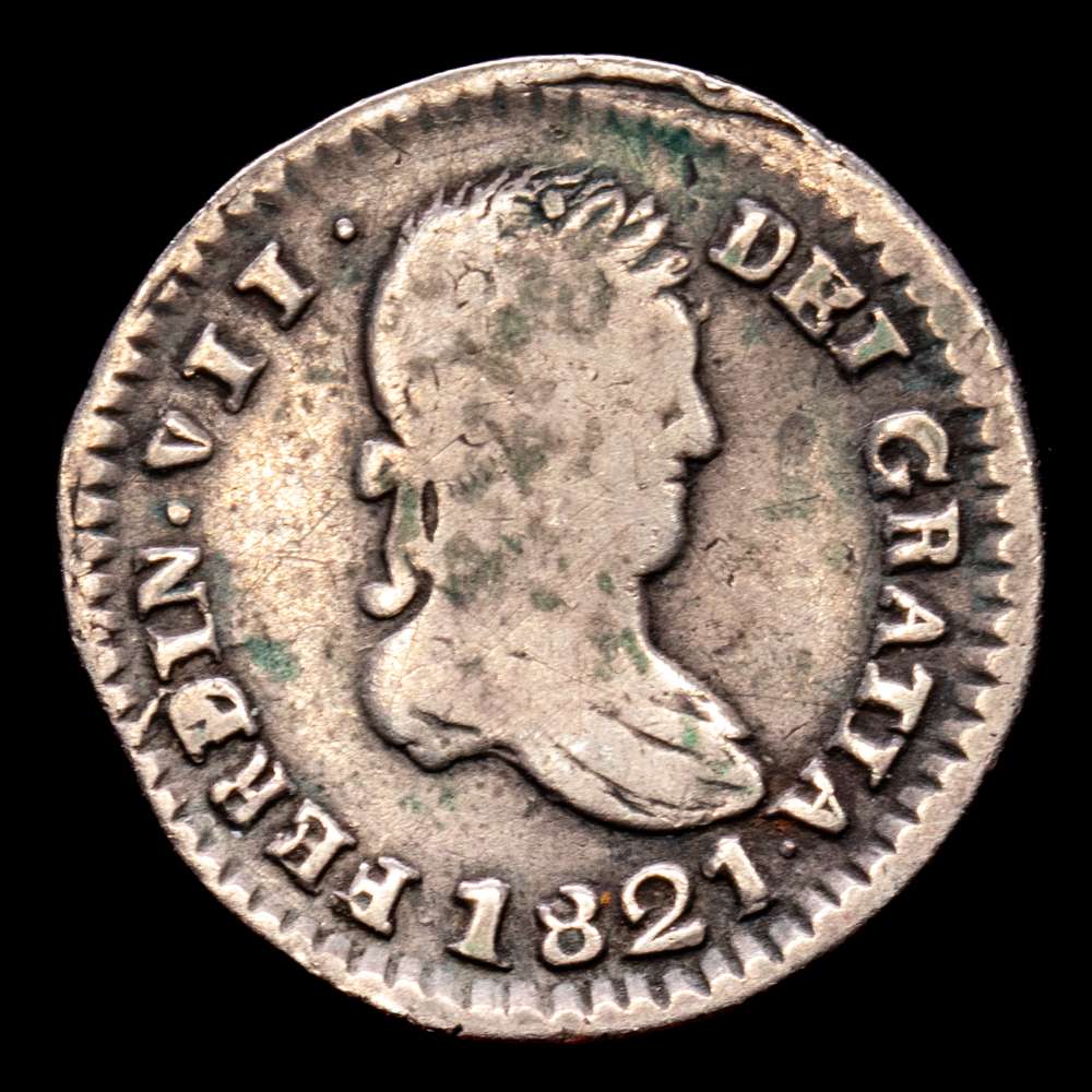 Fernando VII (1808-1833). 1/2 real. 1821. Zacatecas. RG. (Cal-497 var.). (Ramírez-ZM.11.3c). Ag. 1,41 gramos. Sin punto después de DEI. Escasa. MBC-.