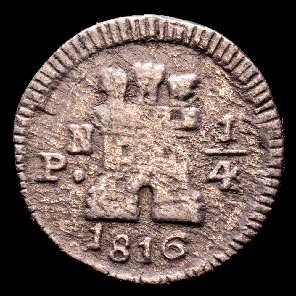 Fernando VII (1808-1833). 1/4 real. 1816. Popayán. Marca de ceca N.  (AC-283). (Restrepo 101-1). Ag. 0,76 g. El 6 de la fecha parece rectificado sobre otra cifra. Rara. MBC-.