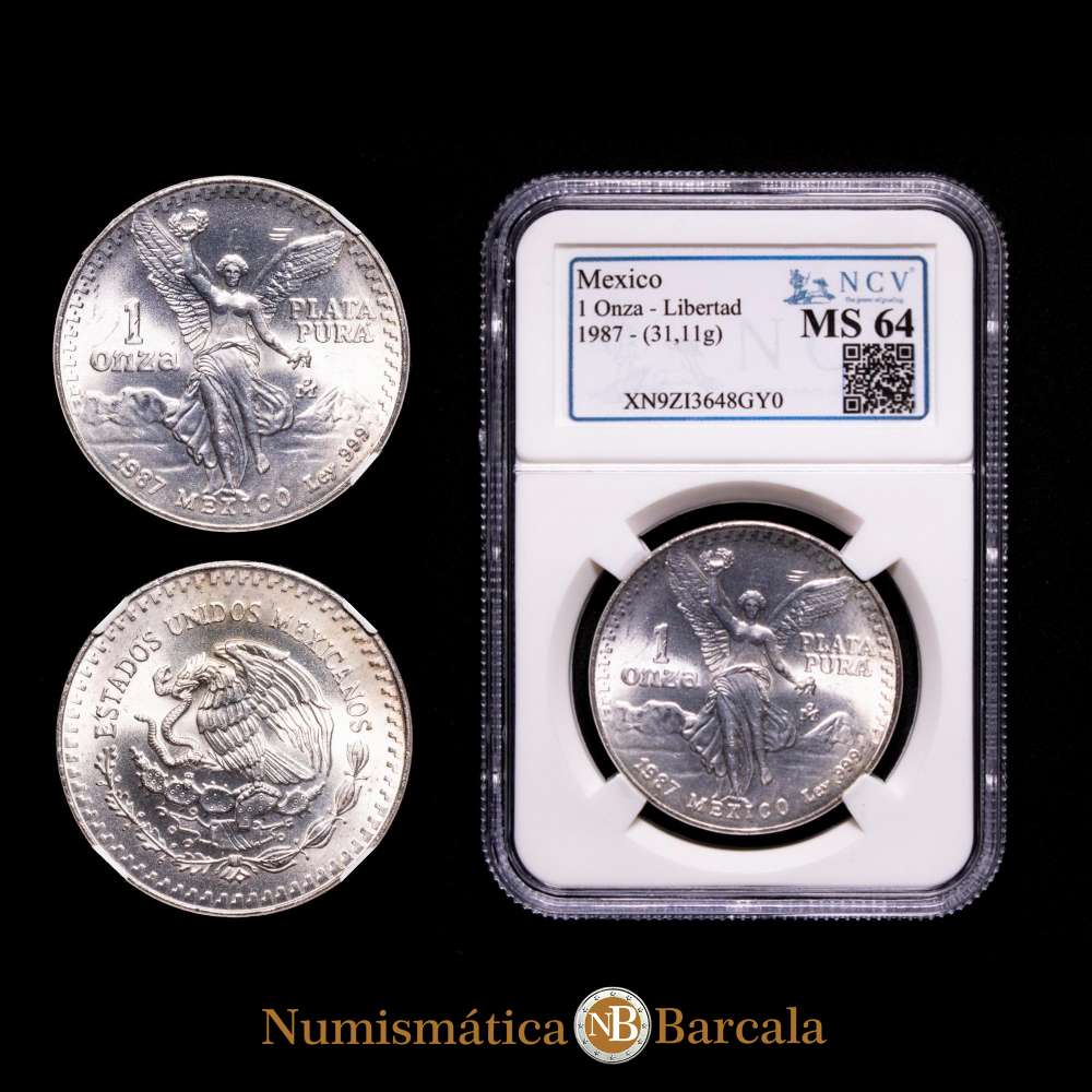 Estados Unidos Mexicanos. 1 Onza. (31,1 g.). México. 1987. KM-494. Encapsulado por NCV como MS 64.