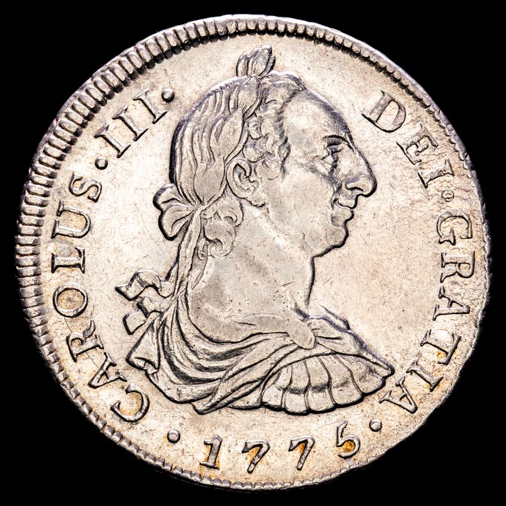 Carlos III. 8 Reales (26,97 g.). 1775. Lima. Ensayador M·J. Aureo y Calicó – 1041. EBC. Restos de brillo original.