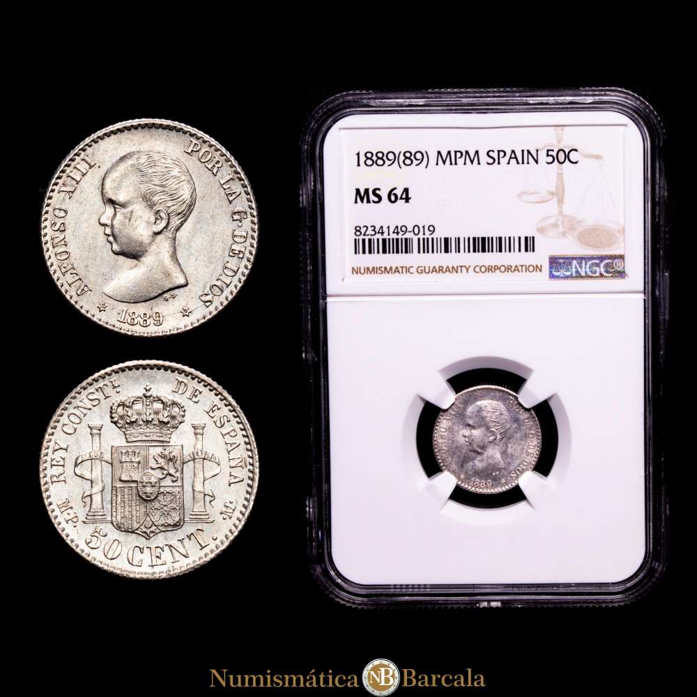 Alfonso XIII (1886-1931). 50 céntimos. 1889*8-9. Madrid. MPM. (Cal-27). Ag. 2,49 gramos. Brillo original. Catalogada por NGC como MS 64 (Top Pop) , la mejor conocida en el censo de NGC.