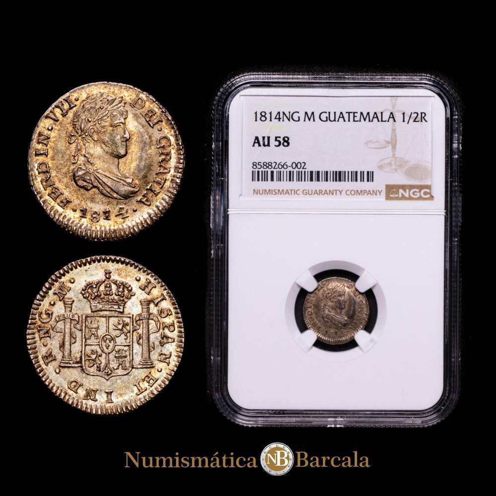 Fernando VII (1808-1833). 1/2 real. 1814. Guatemala. M. (Cal-335). Ag. 1,75 gramos. Atractivo ejemplar. Bella pátina dorada. Rara en esta conservación. Encapsulada por NGC como AU 58.