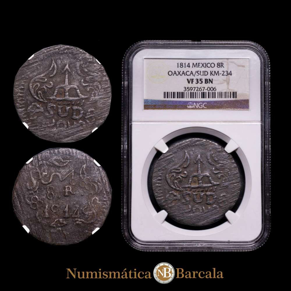 MÉXICO. Guerra de Independencia. 8 Reales, 1814. Casa de la Moneda de Oaxaca. Fernando VII. KM-234.  Encapsulada por NGC como VF 35 BN.