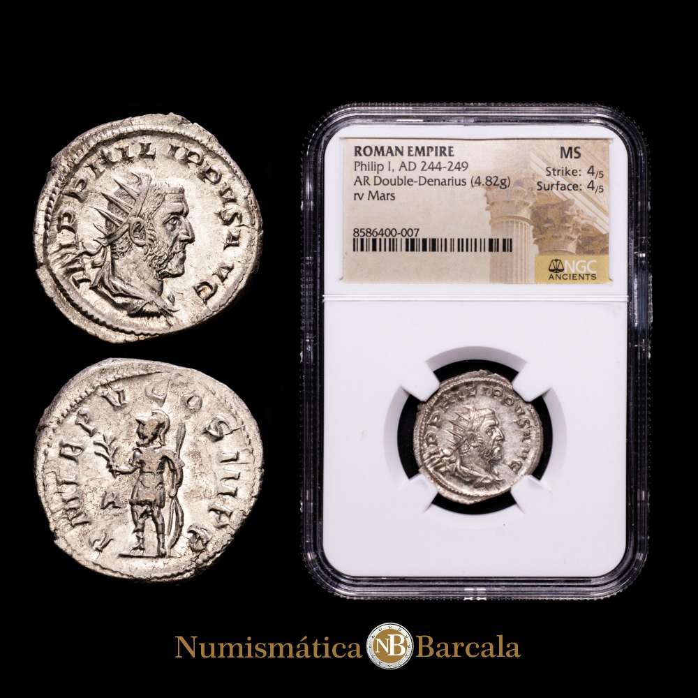 Filipo I. 244-249 d. C. Antoniniano de plata (23 mm, 4,82 g, 11 h). Ceca de Roma, 1.ª oficina. 8.ª emisión, 248 d. C. RIC IV 7; RSC 145. Encapsulada por NGC como MS Strike 4/5 Surface 4/5.