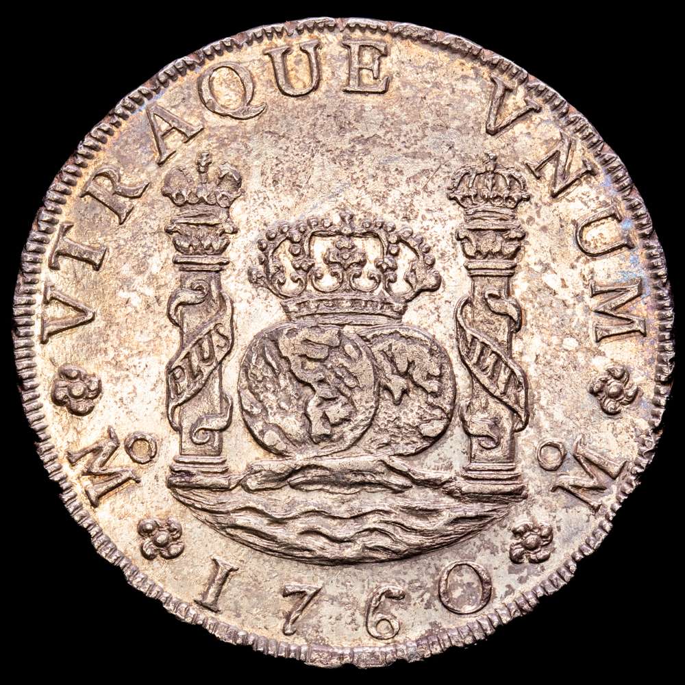 Fernando VI (1746-1759). 8 reales. 1760. México. MM. (Cal-497). Ag. 26,88 gramos. Ligero tono. Bella. Brillo original.  Rara así. EBC+.