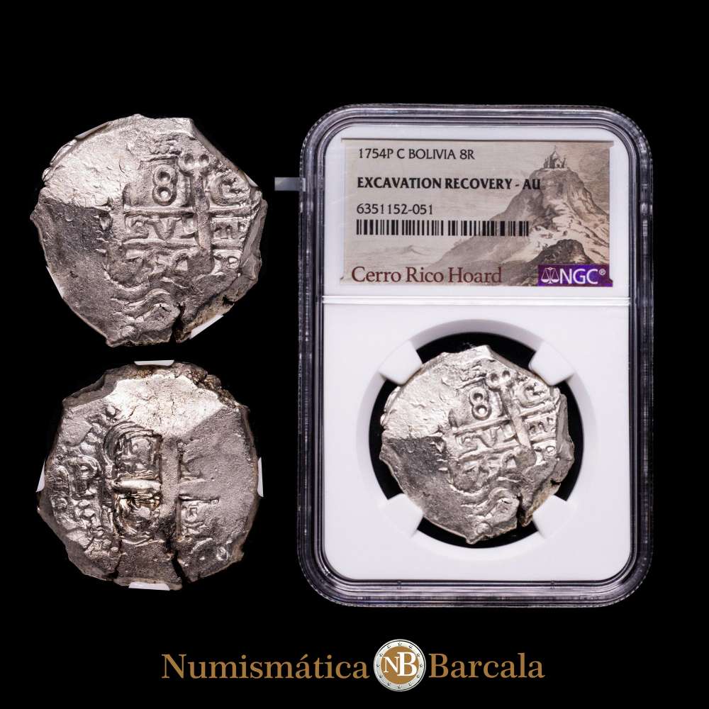 Bolivia. Fernando VI Cob “Cerro Rico Hoard” 8 Reales 1754 P+C. AU (Recuperación de Excavación) NGC, Ceca de Potosí, KM40, Cal-527.Cerro Rico de Potosí es una montaña en los Andes (Bolivia).
