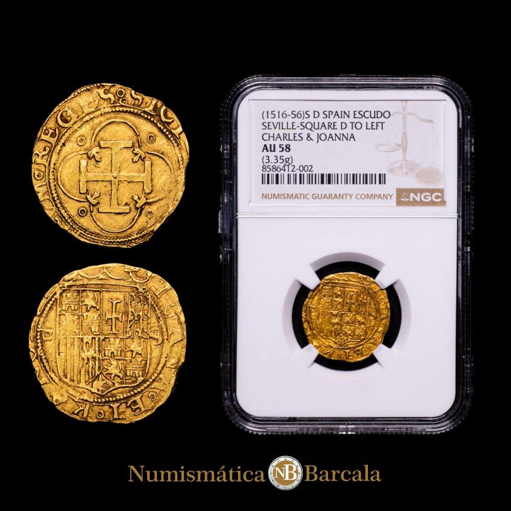 Juana y Carlos (1504-1555). 1 escudo. ND (1516-56). Sevilla. (Cal-199).(Tauler-22c). Au. 3,35 g. Bonito color. Encapsulada por NGC como AU 58.