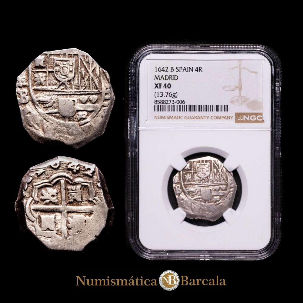 Felipe IV (1621-1665). 1642 Madrid. (B). 4 reales. MD. (AC.1026). Fecha completa. 13,76 gramos. Muy rara. Encapsulada por NGC como XF 40. (Top Pop).