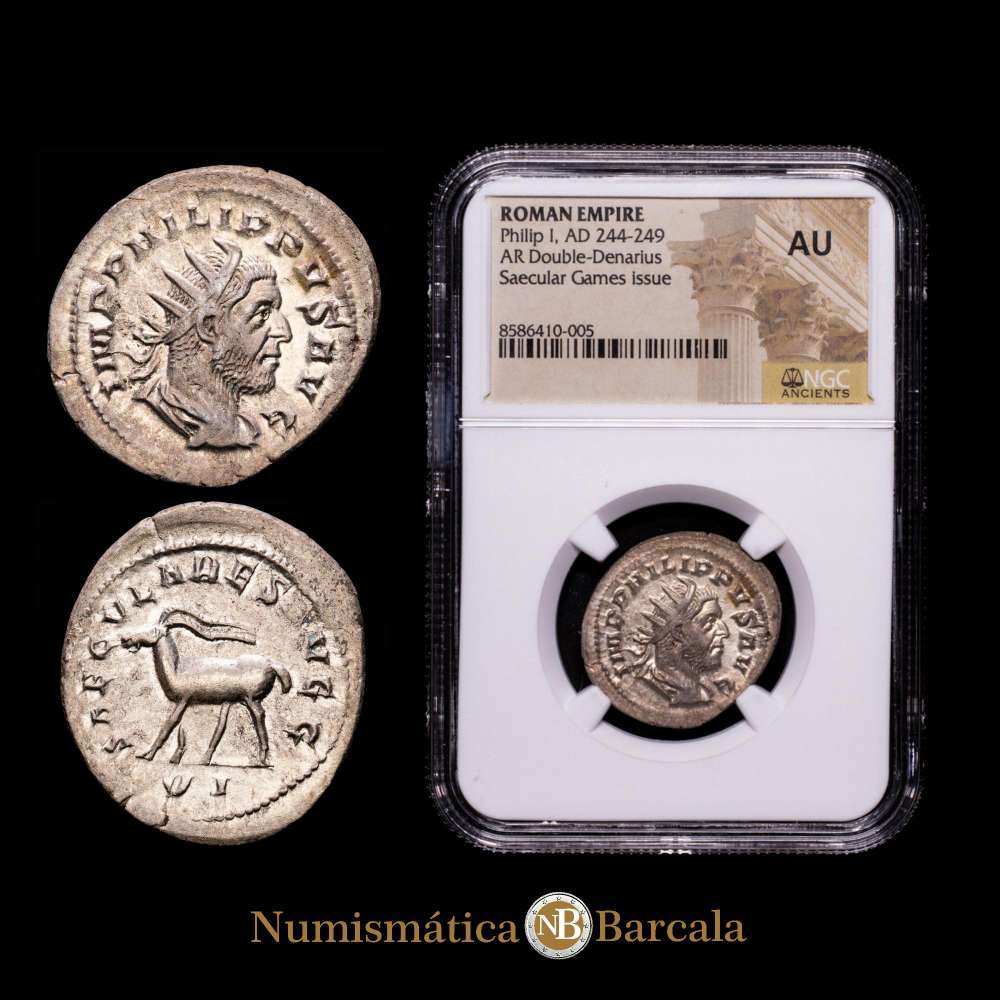 Filipo I, Roma . 244-249 d. C. Antoniniano de plata ( 4,27 gr). Emisión de los Ludi Saeculares (Juegos Seculares). RIC IV 21; RSC 189. Encapsulado por NGC como AU. Suave pátina.