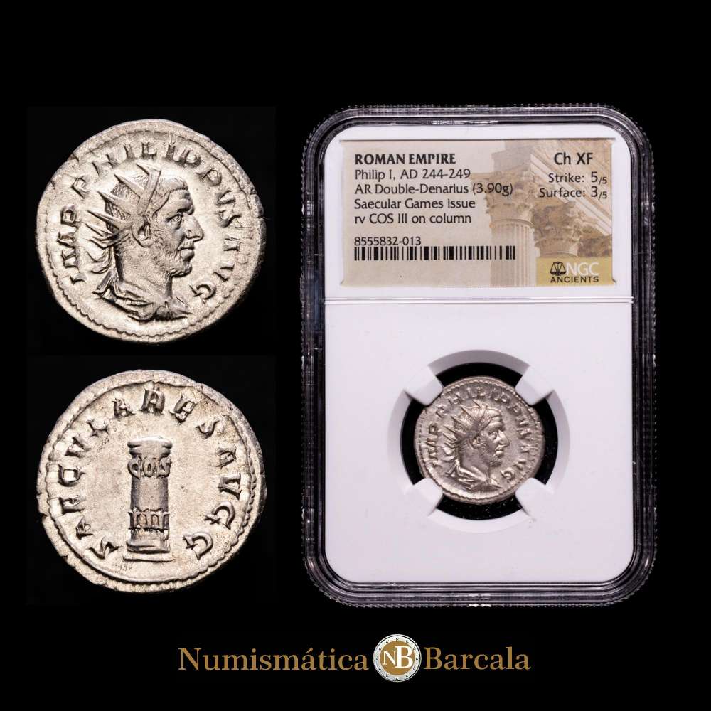 Filipo I. Antoniniano. 248 dC Roma. (Ric-IV 24c). (Rsc-193). Ag. 3,90 gramos. Encapsulada por NGC como Ch XF, Strike 5/5, Surface 3/5.