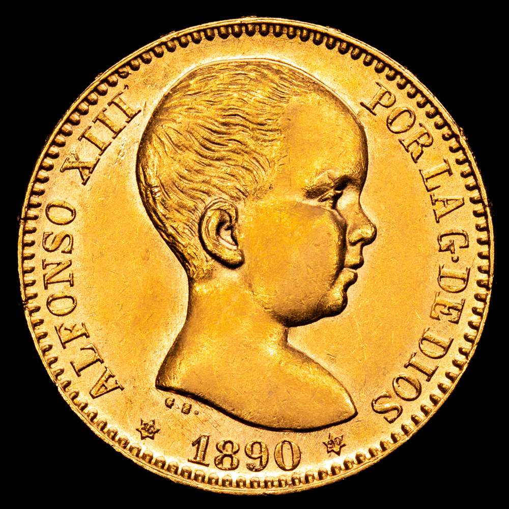 Centenario de la Peseta (1868-1931). Alfonso XIII (1886-1931). 20 pesetas. 1890*18-90. Madrid. MPM. (Cal-114). Au. 6,43 g. Brillo original. EBC+.