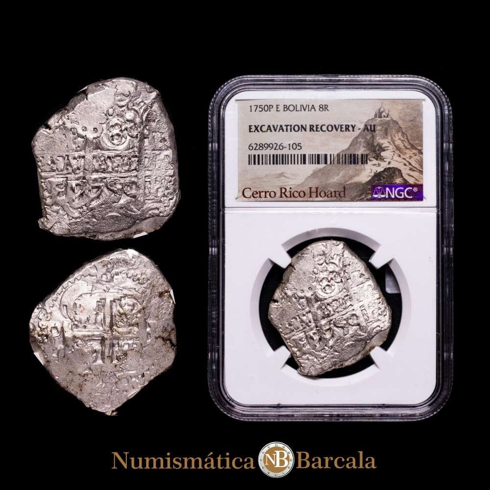 Fernando VI (1746-1759). 8 reales. 1750. Potosí. E. (Cal-515). Ag. Doble fecha y doble ensayador. Muy buen ejemplar. Encapsulada por NGC como AU. Etiqueta especial “Cerro Rico Tesoro”.