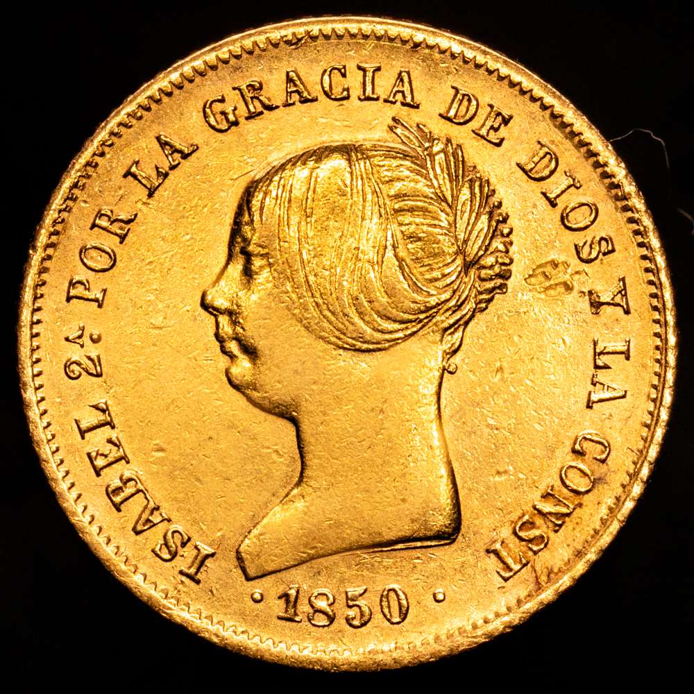 Isabel II (1833-1868). Doblón de 100 reales. 1850. Madrid. CL. (Cal-757). Au. 8,17 g. Escasa. MBC+/EBC-.