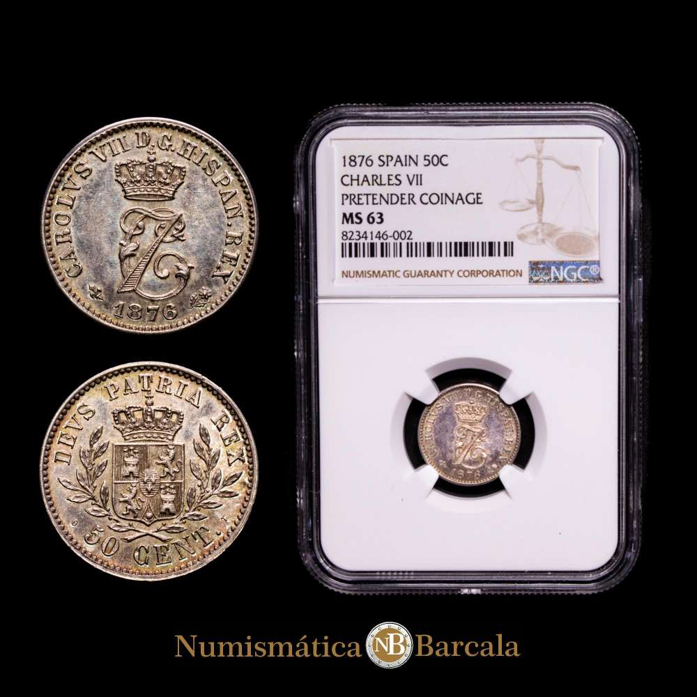 Centenario de la Peseta (1868-1931). Carlos VII (1872-1876). 50 céntimos. 1876. Bruselas. (Cal-9). Ag. Pleno brillo original. Ligera pátina. Encapsulada por NGC como MS 63. Rara.