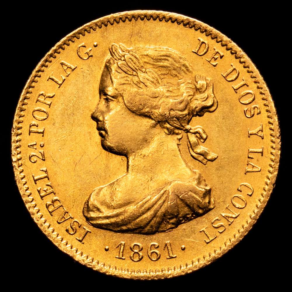 Isabel II (1833-1868). 20 reales. 1861. Madrid. (Cal-672). Au. 1,67 gramos. Muy escasa. EBC.
