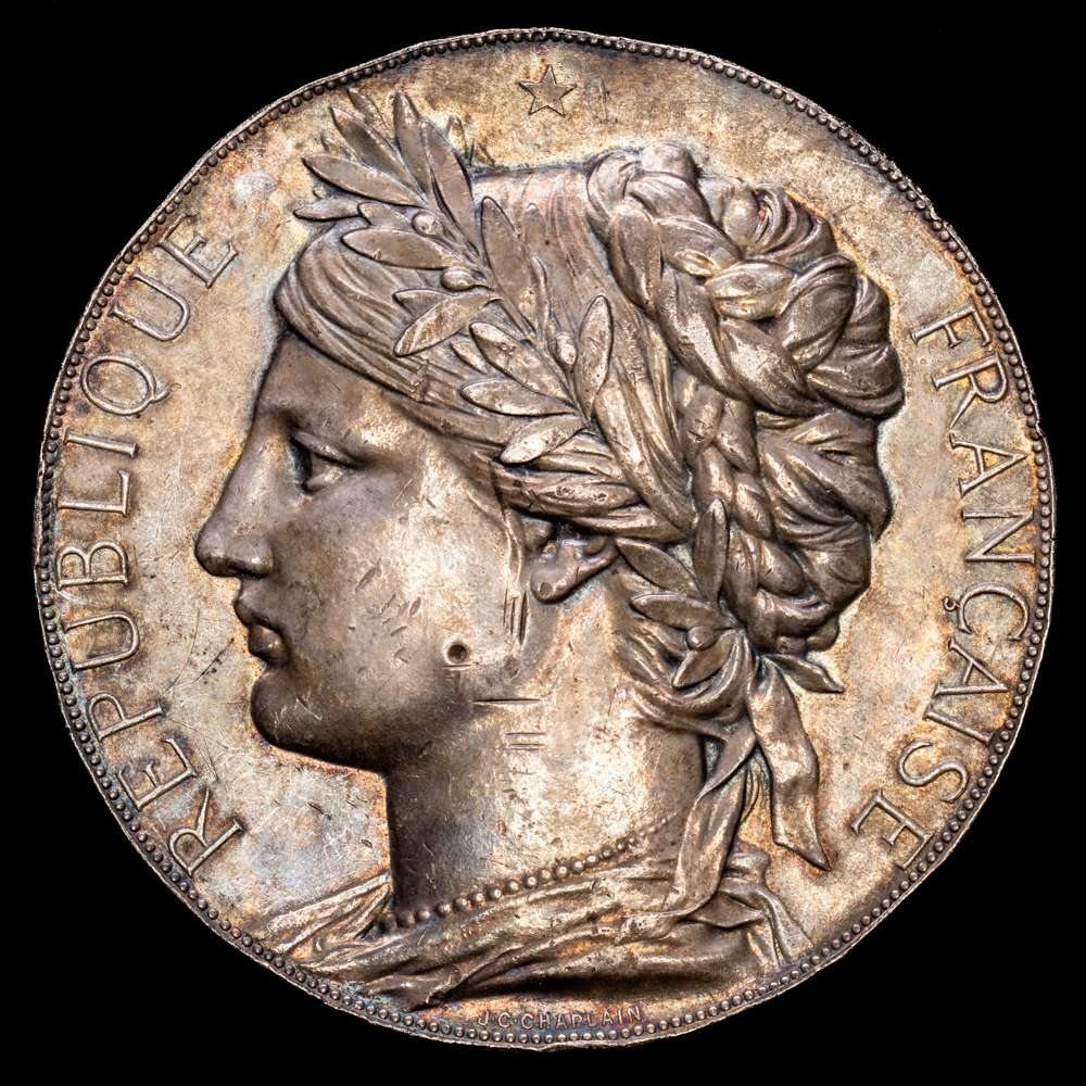 Francia. 1878. III República. París. Medalla. (Forrer I, 402) (Maier 65). Grabador: JC Capellán.  Marca en canto: abeja – ARGENT. Bella pátina iridiscente. Plata. 147,45 gramos. Ø68mm. EBC.