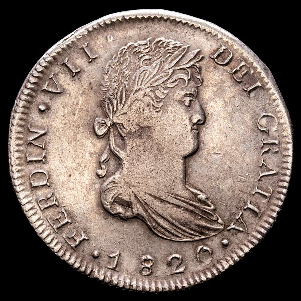 Fernando VII (1808-1833). 8 reales. 1820. Zacatecas. AG. (Cal-1463). Ag. 26,52 gramos. Escasa. VF+.