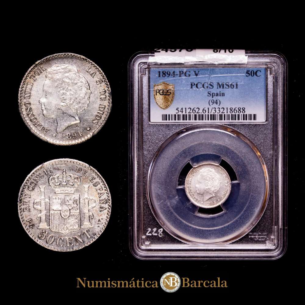 Centenario de la Peseta (1868-1931). Alfonso XIII (1886-1931). 50 céntimos. 1894*9-4. Madrid. PGV. (Cal-43). Ag. Encapsulada por PCGS como MS 61.