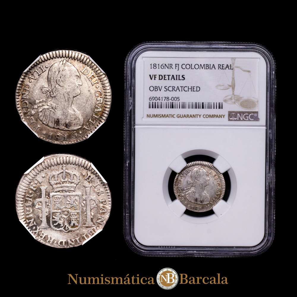 Fernando VII (1808-1833). 1 real. 1816. Santa Fe de Nuevo Reino. FJ. (Cal-653). (Restrepo-111-9). Ag. 3,30 gr. Busto de Carlos IV. Rara. Encapsulada por NGC como VF Details (OBV SCRATCHED).