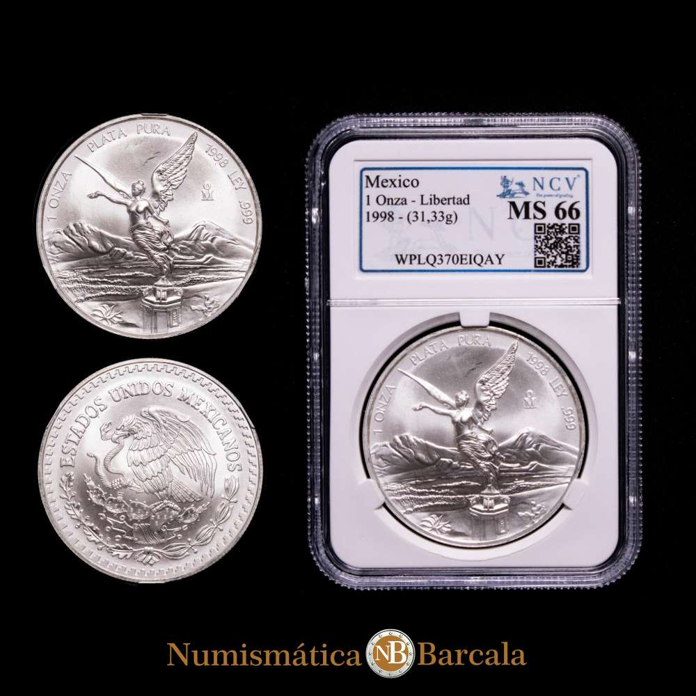 Moneda de plata “Libertad” de México Estados Unidos Onza 1998-Mo. Encapsulada por NCV como MS66, ceca de la Ciudad de México, KM613. Tirada: 67 000.