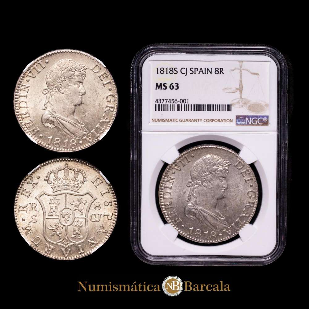 Fernando VII (1808-1833). 8 reales. 1818. Sevilla. CJ. (Cal-1419)(KM-466.4). 38,00 mm. Ag. Hermosa moneda. Encapsulada por NGC como MS 63 Top Pop. Rarísima y mas así.
