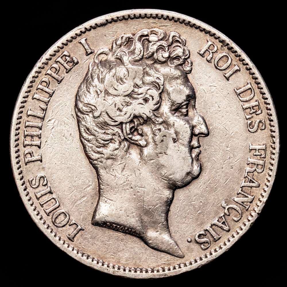 Francia. Luis Felipe I (1830-1848) 5 Francos 1831 D. Ceca de Lyon. Plata 900; 37 mm; 24,72 g. KM744. VF.