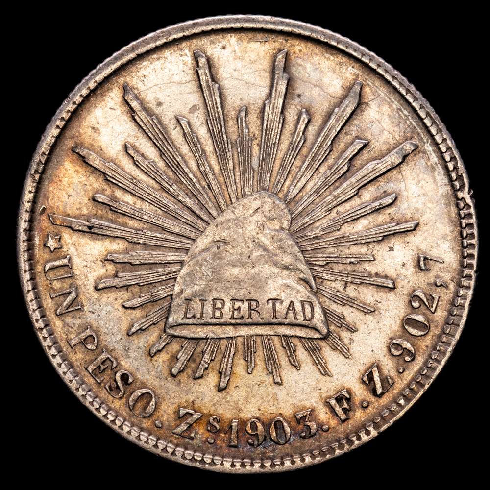 República de México. 1 Peso. (26,94 g.). Zacatecas. 1903. F·Z. KM-409.3. Plata (.9027) Casa de la Moneda de Zacatecas (3080000). Suave tono. XF.