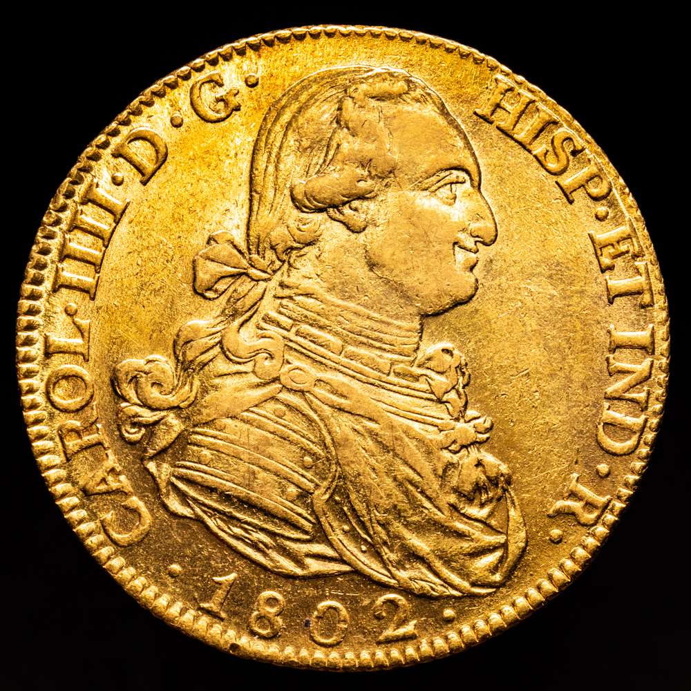 Carlos IV (1788-1808). Madrid. FA. 8 escudos. 1802. (AC. 1621) (Cal.Onza 1012). Sin punto delante de AUSPICE ni después de FELIX. 27,06 gramos. Bonito color. EBC/EBC+.