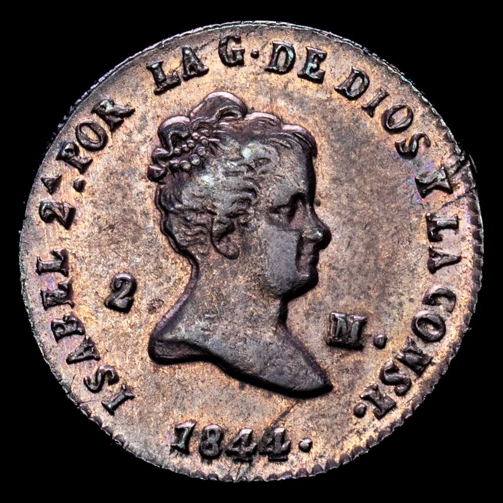 Isabel II (1833-1868). 2 maravedís. 1844. Segovia. (Cal-56). Ae. 2,11 gramos.  Atractiva. Escasa así. EBC+/SC-