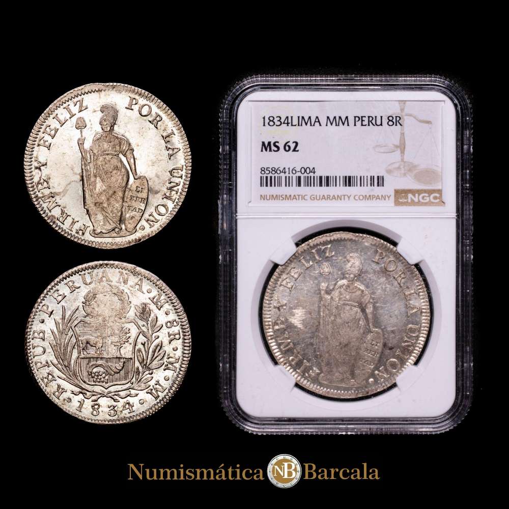 Perú. 8 reales. 1834. Lima. MM. (Km-142.3). Ag. Suave pátina. Pleno brillo original.  Encapsulada por NGC como MS 62.
